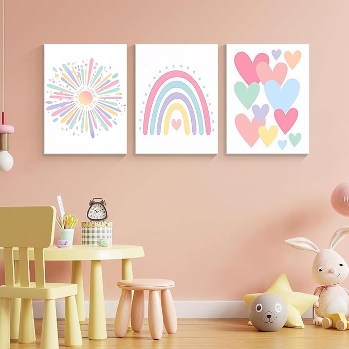 Dytial 3 Piece Toddler Girl Room Decor, Rainbow Wall Decor for Girls Bedroom, Colorful Boho Sunshine Paintings for Nursery Decor, Kids Room Wall Decor, Classroom Decoration 12x16 Inch