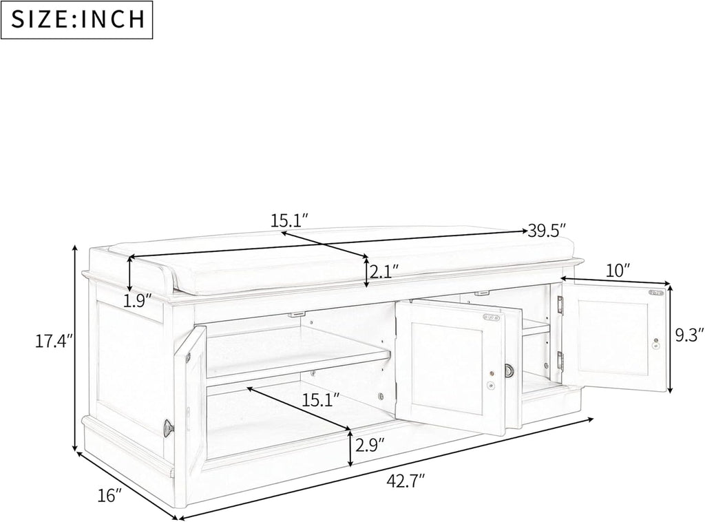 Storage Bench with 4 Doors and Adjustable Shelves, Shoe Bench with Removable Cushion for Living Room, Entryway 42.7" L x 16" W x 17.4" H (White)