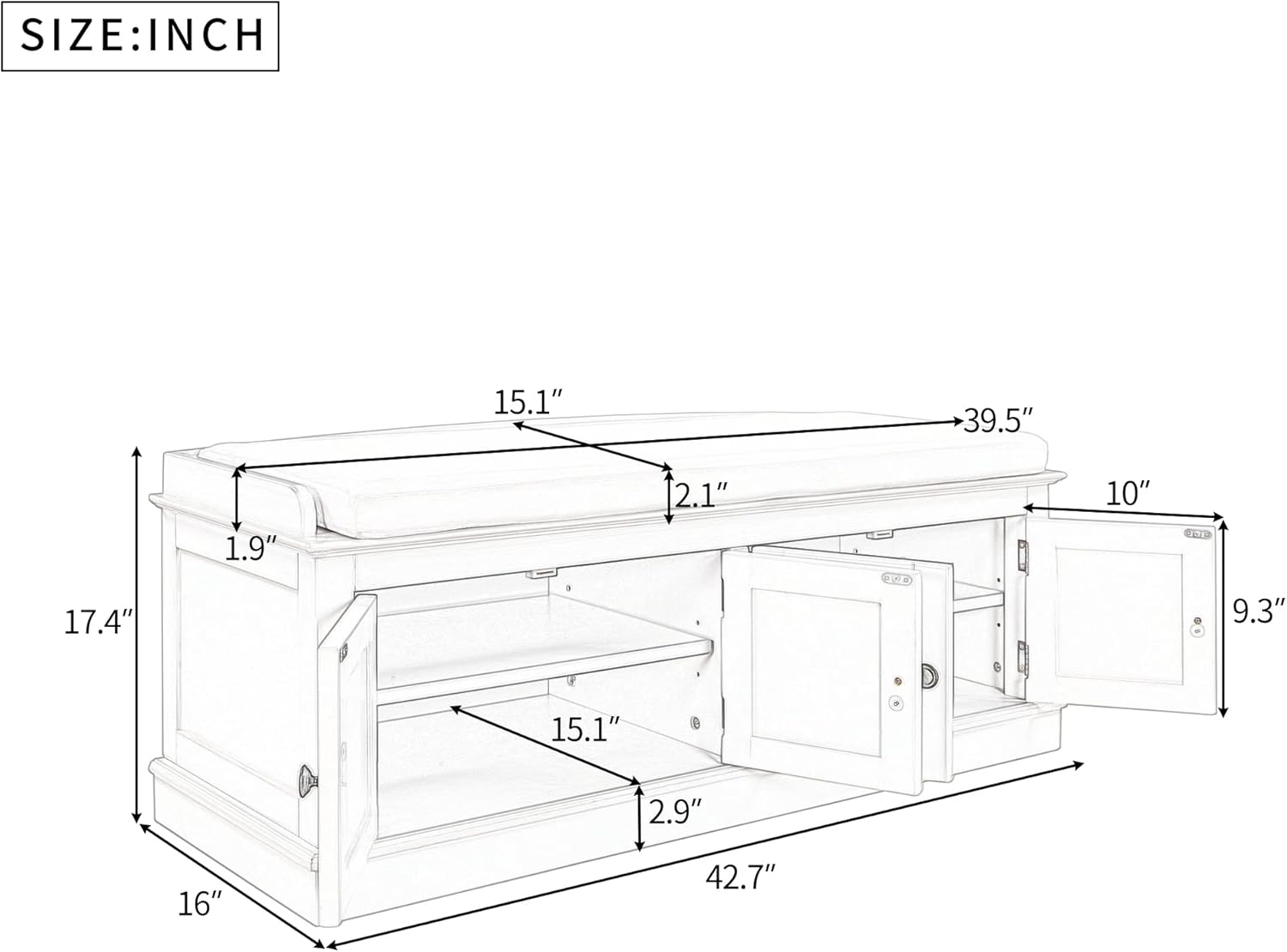 Storage Bench with 4 Doors and Adjustable Shelves, Shoe Bench with Removable Cushion for Living Room, Entryway 42.7" L x 16" W x 17.4" H (White)