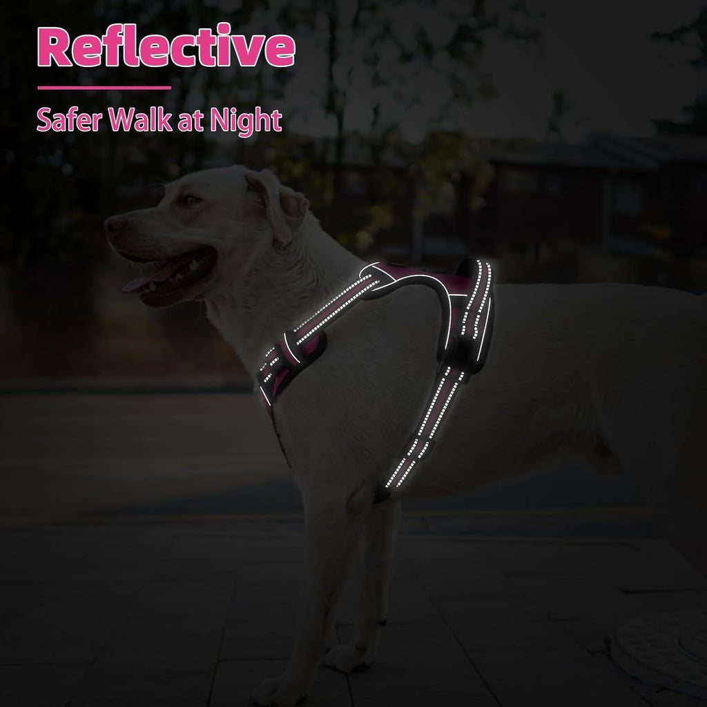 PUPTECK No Pull Dog Harness for Large, Adjustable Reflective Dog Harness with Handle Easy Control, Comfortable Soft Padded Pet Vest Harness for Large Dogs, Fuschia L