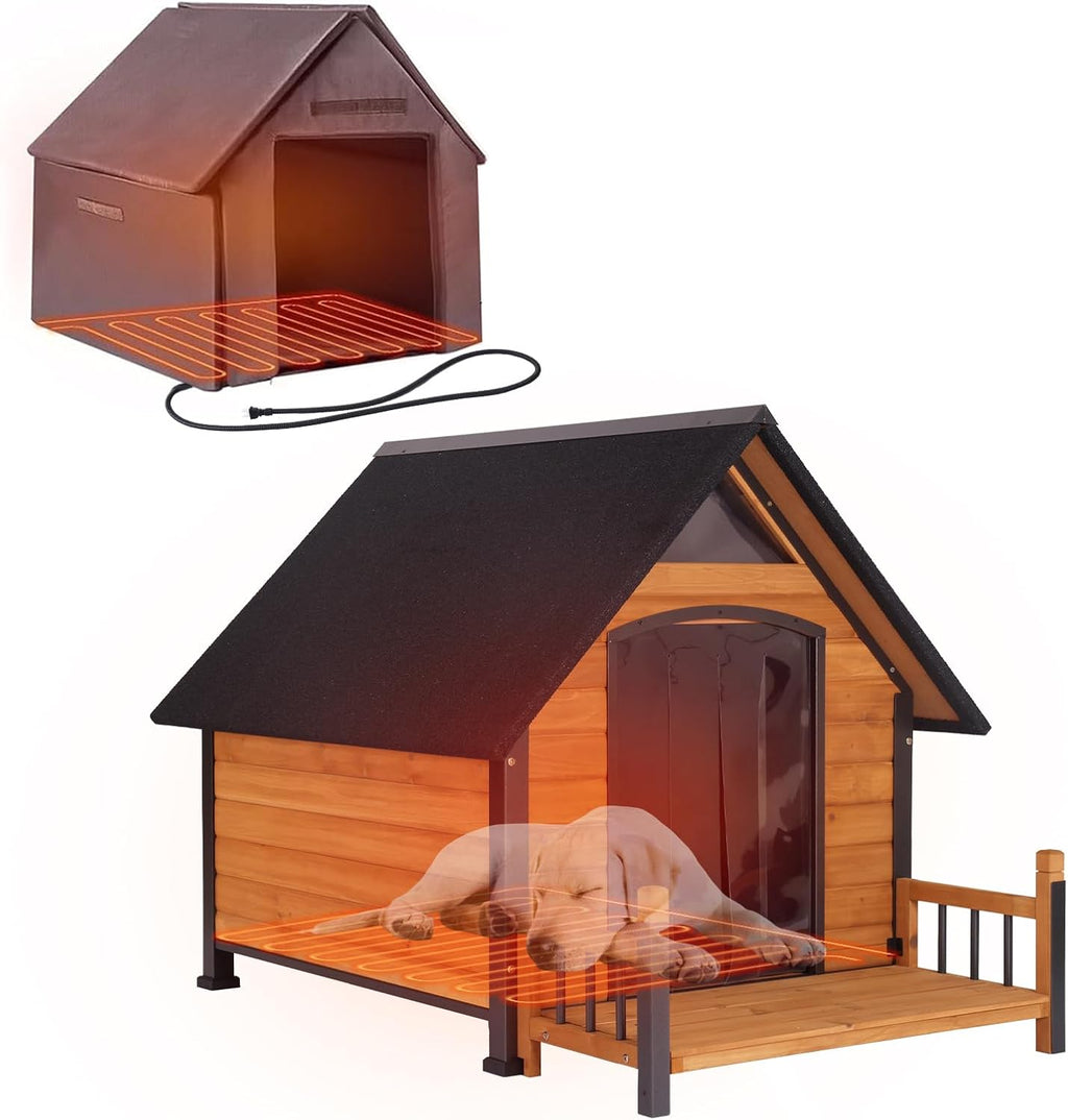 Large Dog House Outdoor Weatherproof Dog Kennel with Anti-Chewing Iron Frame (Brown(Heating Pad)-AIR80L, 50.9'' Large)