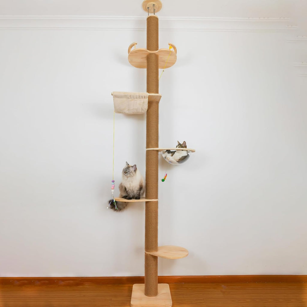 Floor to Ceiling Cat Tree Height (50-120 in) Adjustable Cat Tower 5 Tier Hemp Scratching Post High Cat Tree Sturdy Activity Tree Indoor Outdoor Cat Scratching Post Activity Center