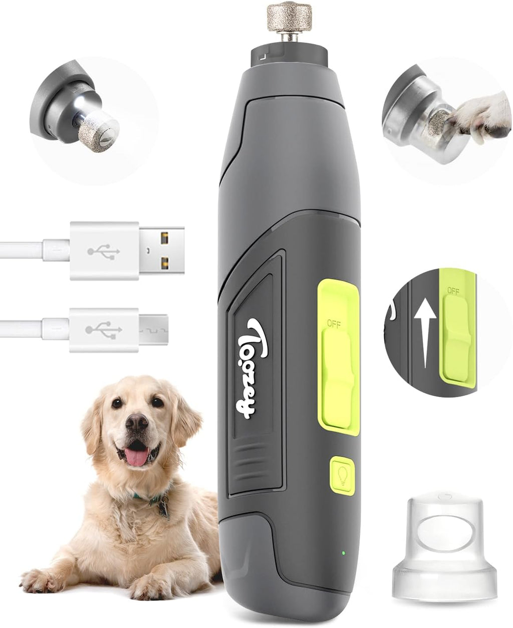 Toozey Dog Nail Grinder - Electric Pet Toenail Trimmer with 12, Gray High-Grade Durable Professional Tool, 1 Count