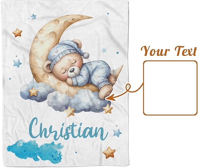 Personalized Baby Blanket with Name, Customized Blanket for Newborn Boys Girls, Sleepy Bear Theme Baby Name Blanket with Dotted Backing, Receiving Swaddle, Baby Shower Birthday Gifts(30”x40)