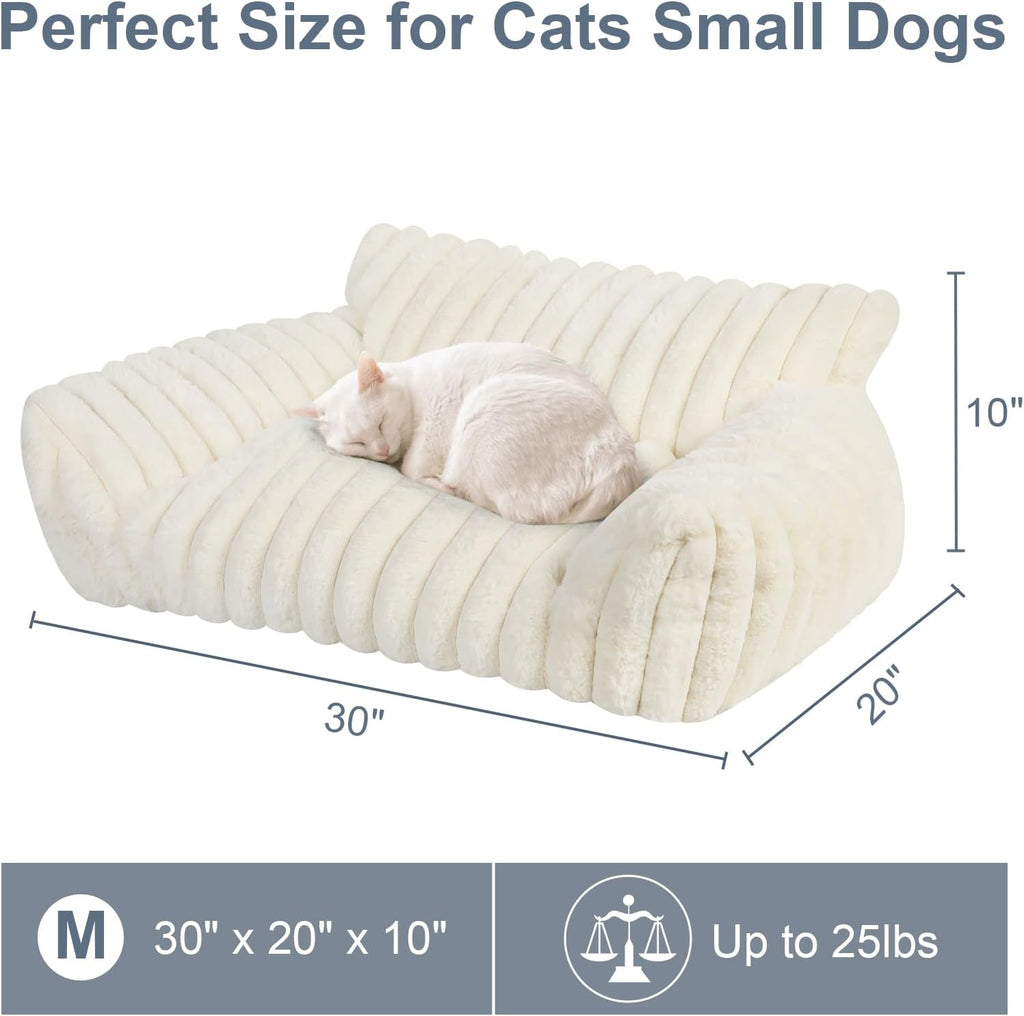Cute Cat Couch Bed for Indoor Cats, Fluffy Pet Cat Sofa with Premium Soft Corduroy Fleece, Cute Small Dog Beds for Small Dogs, Fuzzy Puppy Chair with Removable Washable Cover (30x20x10,Cream)