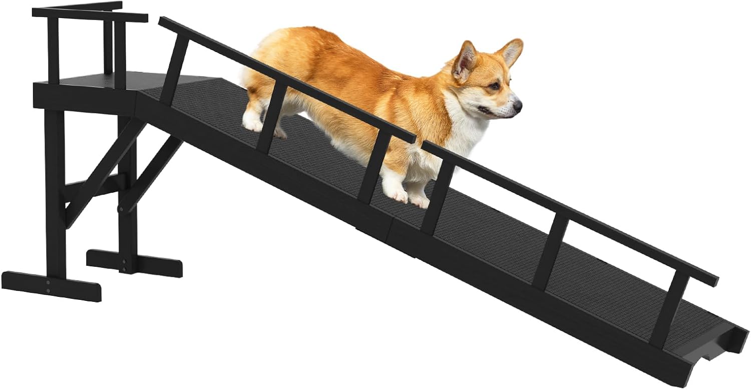 73" Dog Ramp for Bed, Pet Ramp with Removable Side Rail and Non-Slip Surface, Pet Ramp for Small & Large & Senior Dogs with Rest Platform and DIY Glow Strips,Dog Stairs for Couch, Black