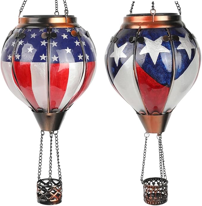 Hot Air Balloon Solar Lantern, Glass Hanging Solar Lantern with Flickering Flame Lights for Outdoor Garden Decoration (Flag-B(2PC))