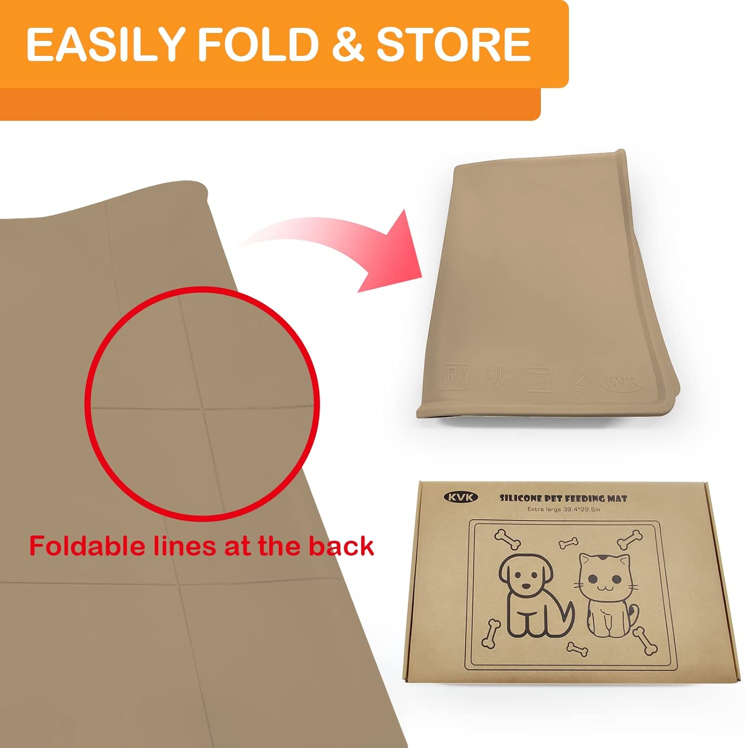 KVK Dog Water Mat 39.4×29.5in - Silicone Dog Mats for Food and Water Extra Large - Pet Food Mat for Floors Waterproof - Pet Feeding Mats Prevent Water Food Spills - Taupe