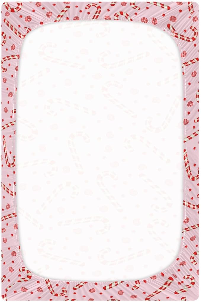 Candy Cane Christmas Pink Crib Sheets Soft Breathable Fitted Baby Playard Sheets Mattress Cover for Girl Boys, 39" x 27" x 5"