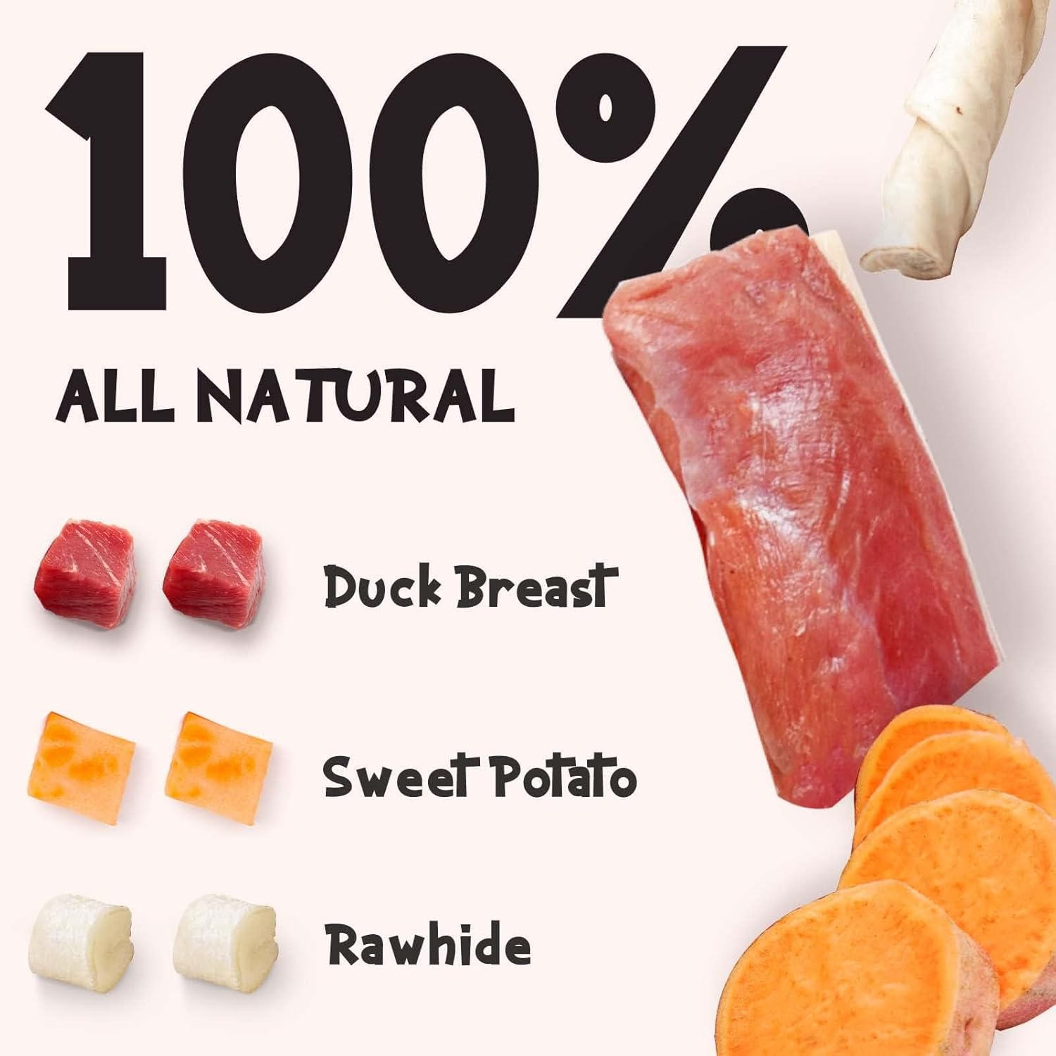 ASMPET Dog Treats Chews, Duck Wrapped Rawhide Sticks Filled with Sweet Potato for Small Medium Large Dogs（6pcs）