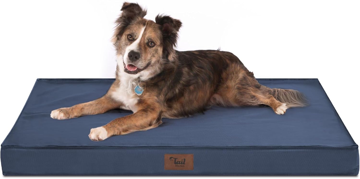 Large Outdoor All Weather Dog Bed, Waterproof Dog Bed for Large Dogs, Orthopedic Egg Foam Pet Bed with Washable and Removable Oxford Cooling Cover, Navy