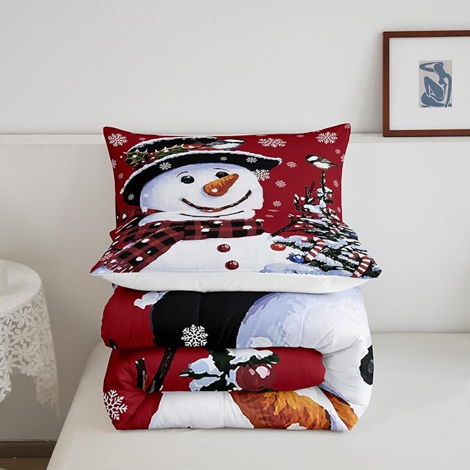 Feelyou Kids Christmas Theme Decorations Bedding Set Xmas Snowman Comforter Set for Boys Girls Snowflake Kawaii Cute Comforter Red Quilt Set Bedroom Collection Twin Size