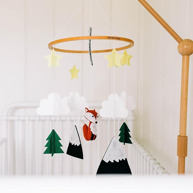 Sorrel + Fern Baby Crib Mobile (Woodland Fox) - Nursery Decoration - Ceiling Mobile and Crib Mobile - Hypoallergenic Eco-Felt, Unfinished Wood, Adjustable, Green, Grey, Yellow, Red/Brown
