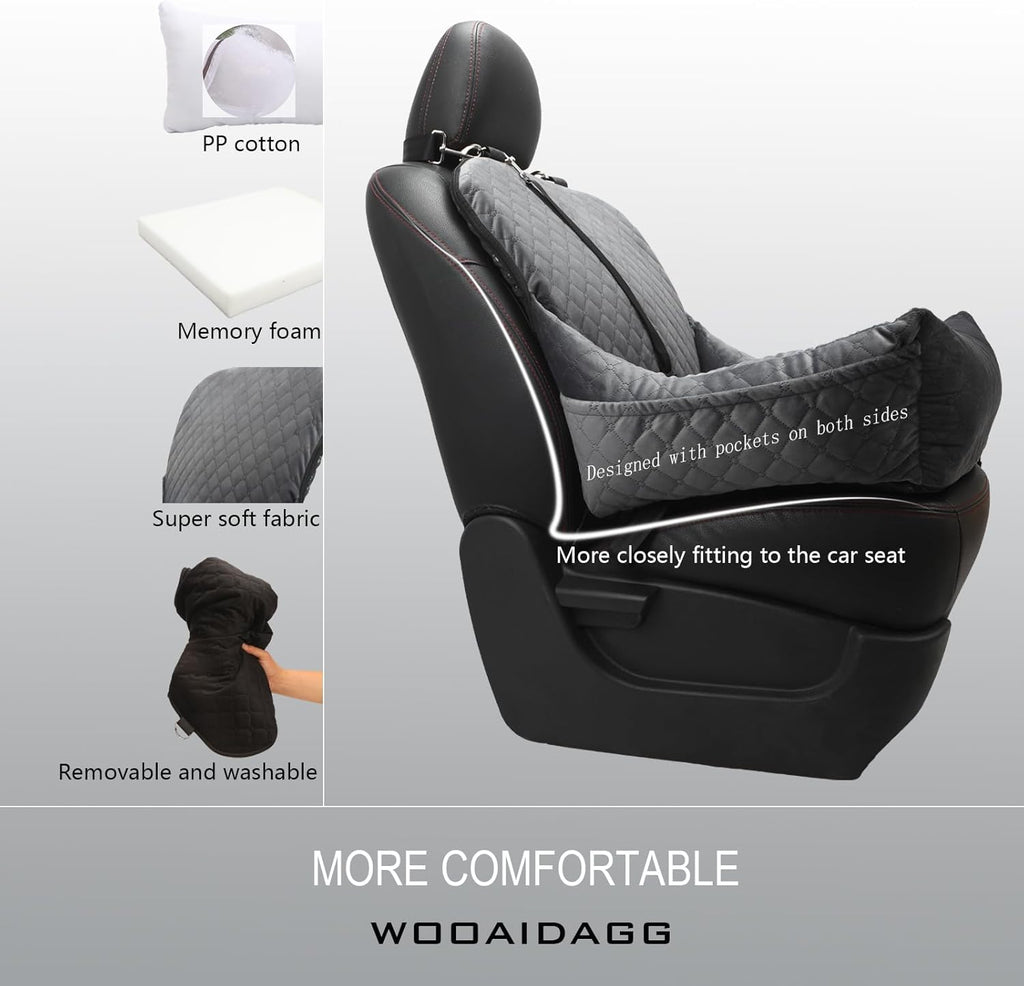 Dog Car Seat,Fully Detachable and Washable Cover,Easy to Assemble,Comfy Cushion Fill in Memory Foam,2 Clip-On Safety Leashes and Storage Pockets (Grey)