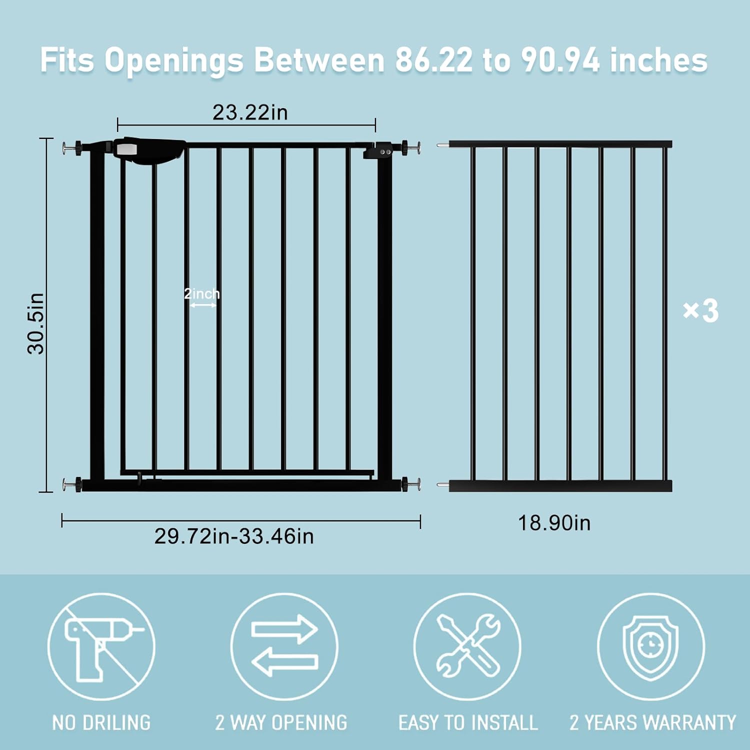 WAOWAO Triple Lock Baby Gate Extra Wide 86.22-90.55" Pressure Mounted Walk Through Swing Auto Close Safety Black Metal Dog Pet Puppy Cat for Stairs,Doorways,Kitchen