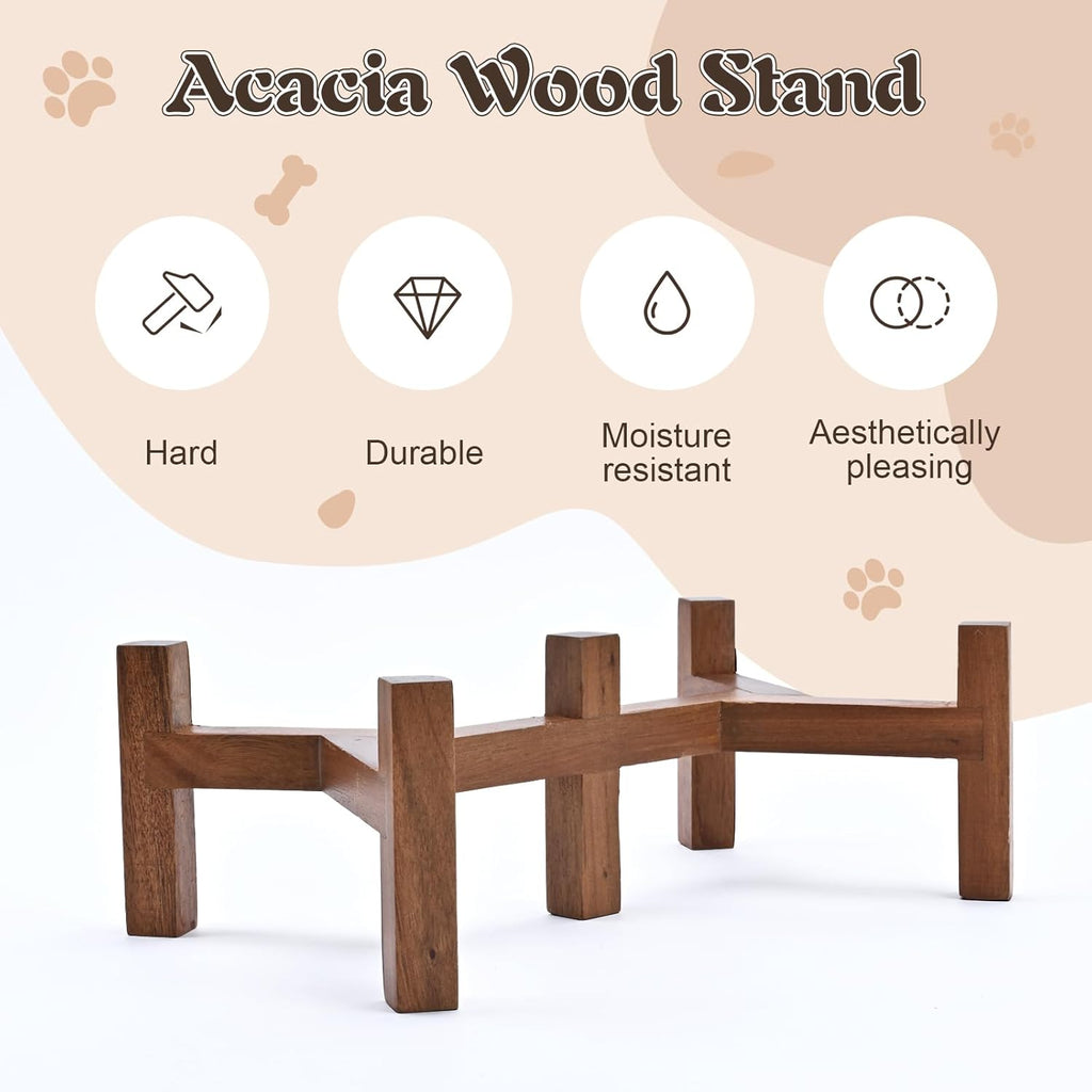 SPUNKYJUNKY Acacia Wood Stand Dog Bowl Set Raised, Ceramic Dog Food & Water Bowl for Medium Dogs (28.74 OZ, White)