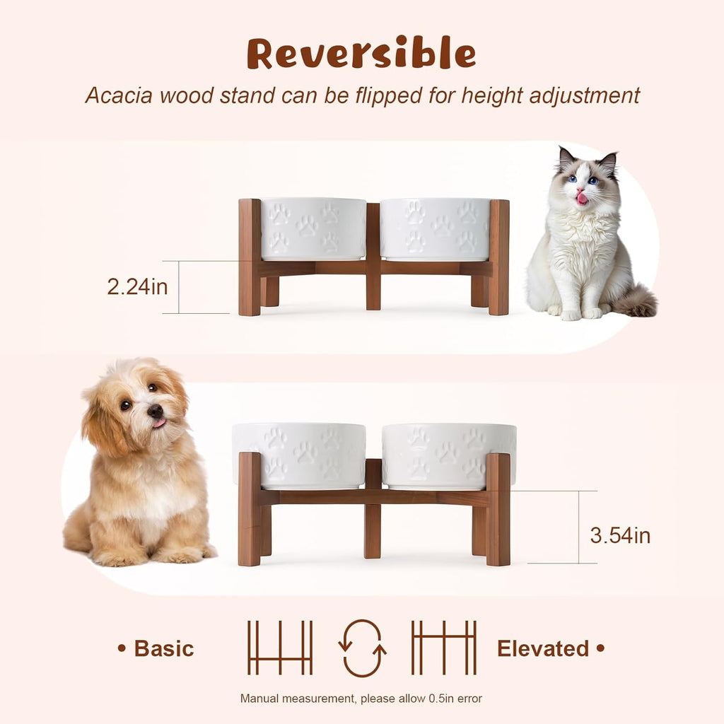 SPUNKYJUNKY Ceramic Elevated Dog Bowl Set with Acacia Wood Stand for Food and Water for Small Medium Sized Dogs (28.74 OZ, White, Dog Paw Pattern)