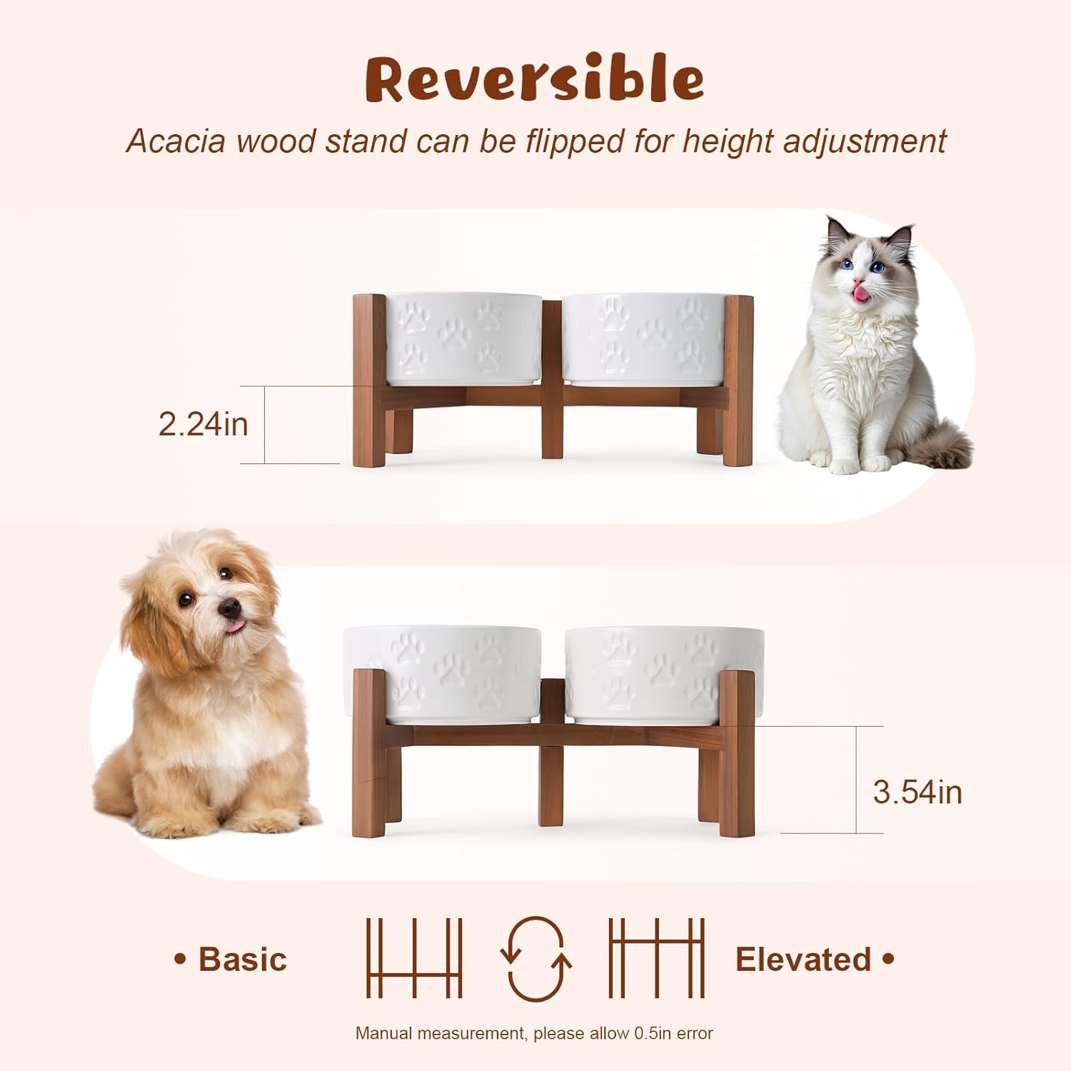 SPUNKYJUNKY Ceramic Elevated Dog Bowl Set with Acacia Wood Stand for Food and Water for Small Medium Sized Dogs (28.74 OZ, White, Dog Paw Pattern)