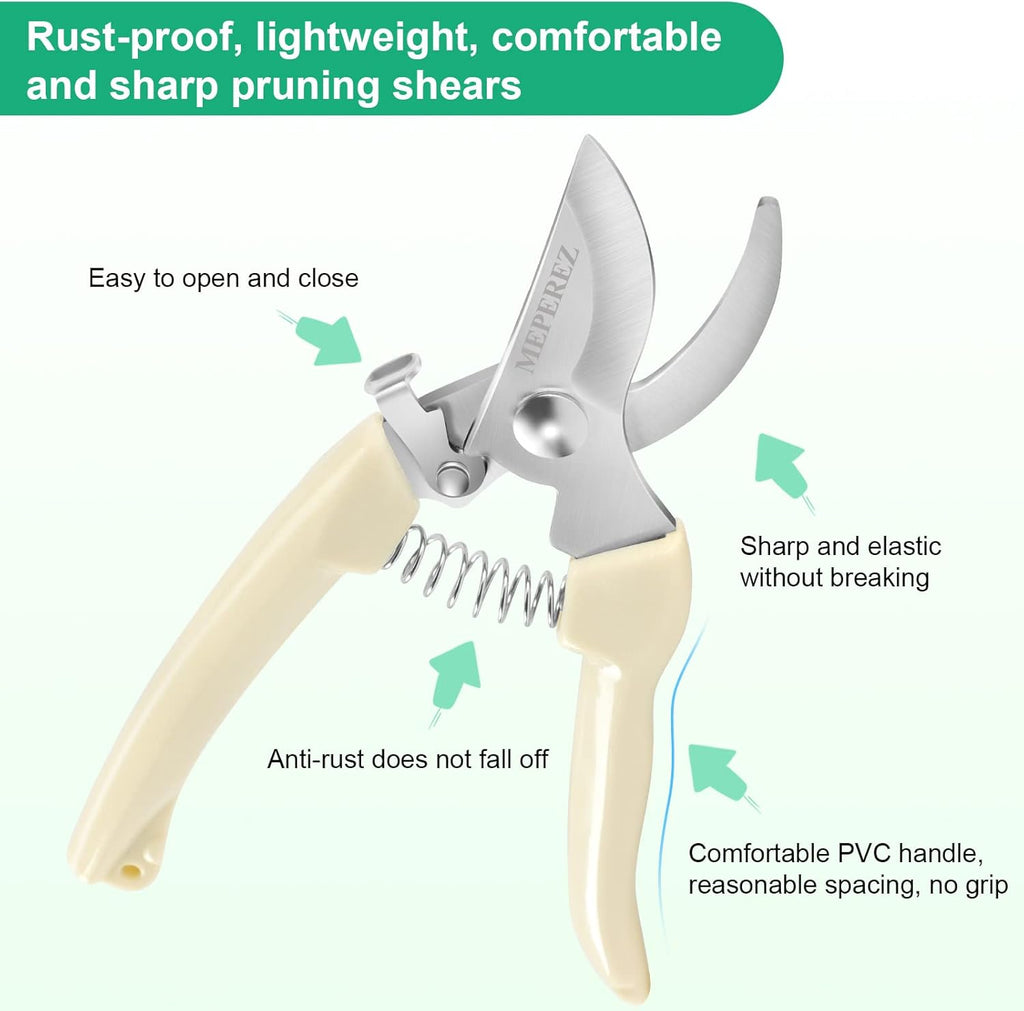 Premium garden shears, meperez pruning scissors gardening tools, pruners for flower, bushes, rose and fruit tree, use for florist, yard and orchard the plant clippers, sharp white steel anvil snips, 2