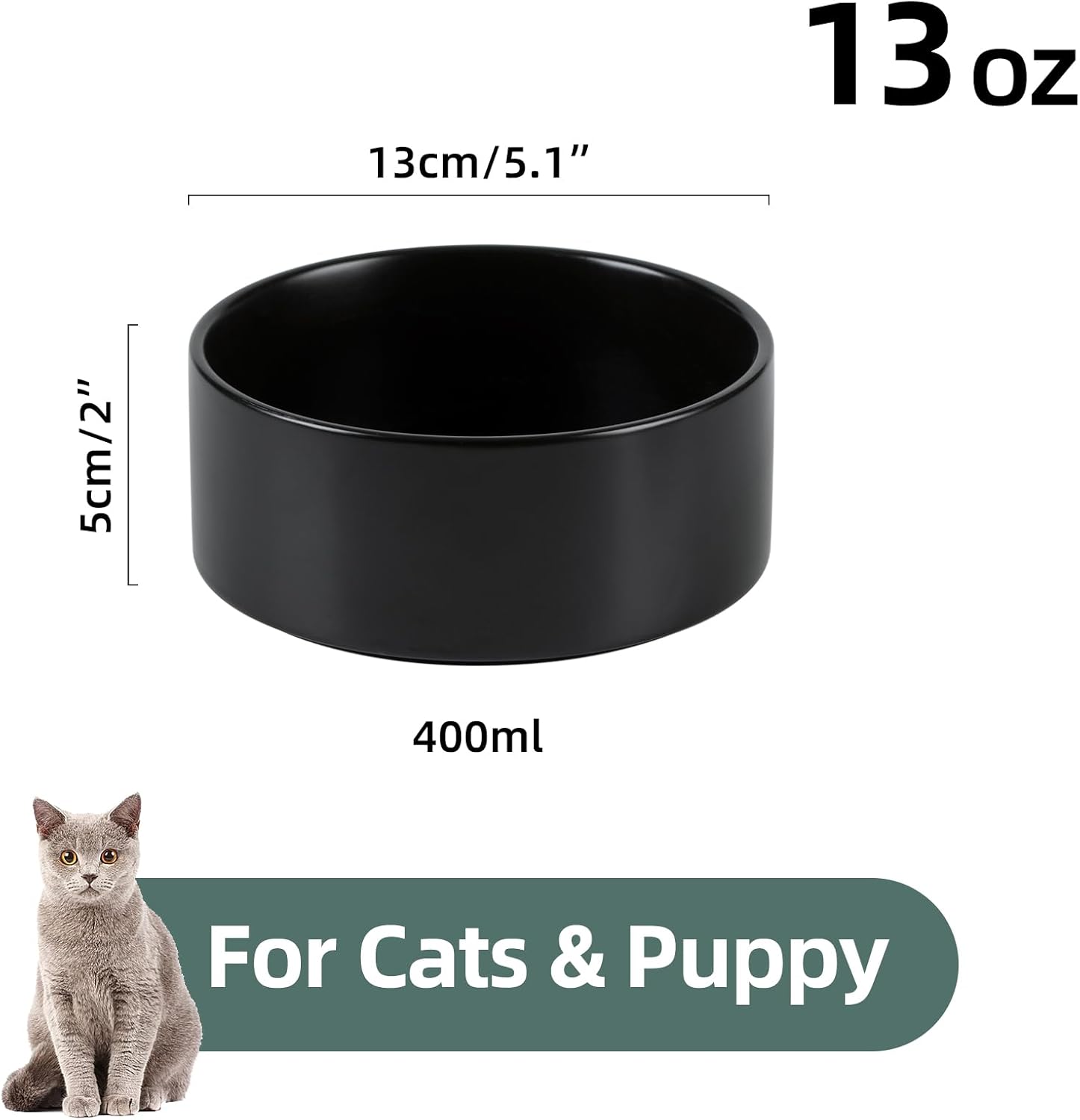 Ceramic 5.1inch Set of 2 Dog and Cat Bowls, Food and Water Feeder for Small Breed Dogs, Kitty, Cats, 2pcs Dog & Cat Dishes(2 Bowls, Black)