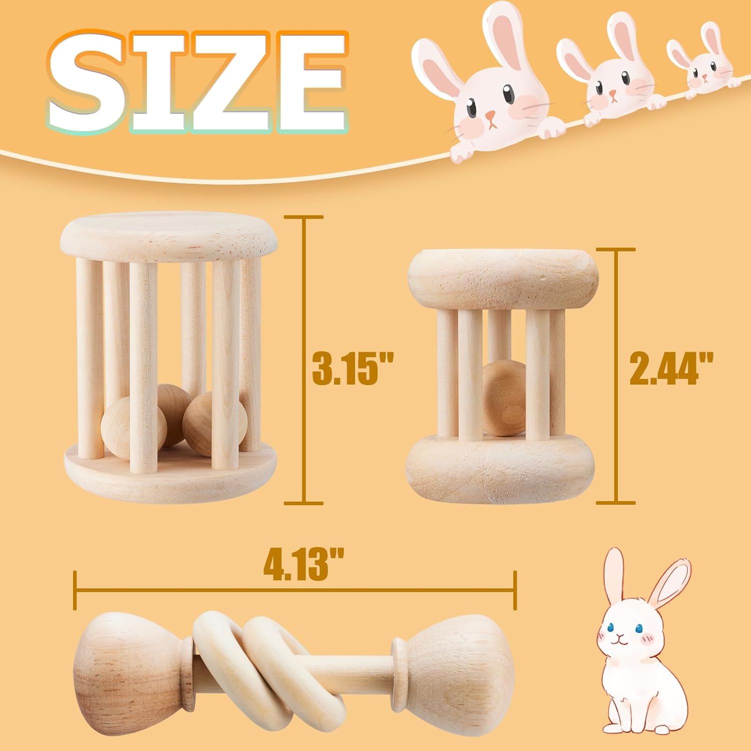 3 Pcs Natural Wooden Bunny Toys, Safe Rabbit Toys for Guinea Pig Chinchillas Hamsters Small Animals Playing Teeth Grinding Indoor Outdoor