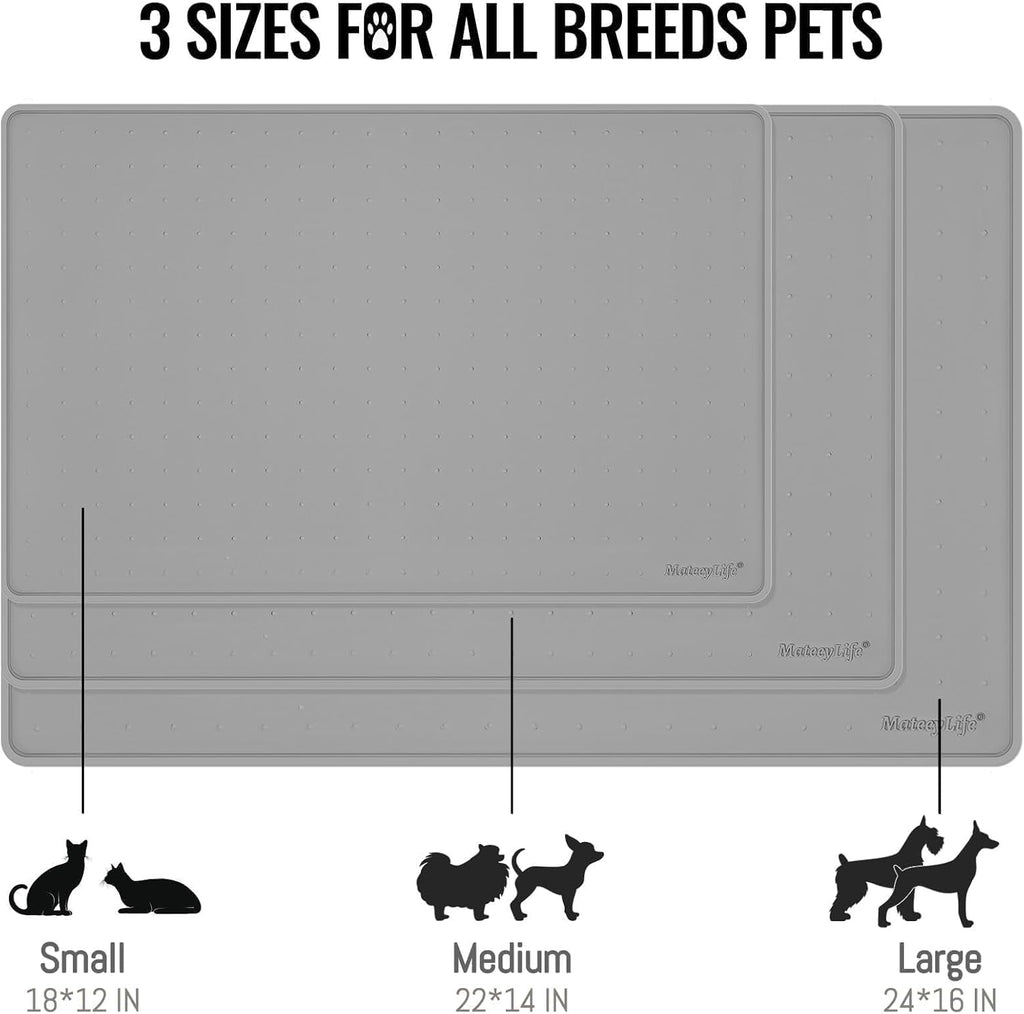 MateeyLife Dog & Cat Food Water Mat for Floors Waterproof, Nonslip Pets Bowl Feeding Mats with Raised Edges, Silicone Matt Tray for Messy Drinkers, 24"x16", Grey