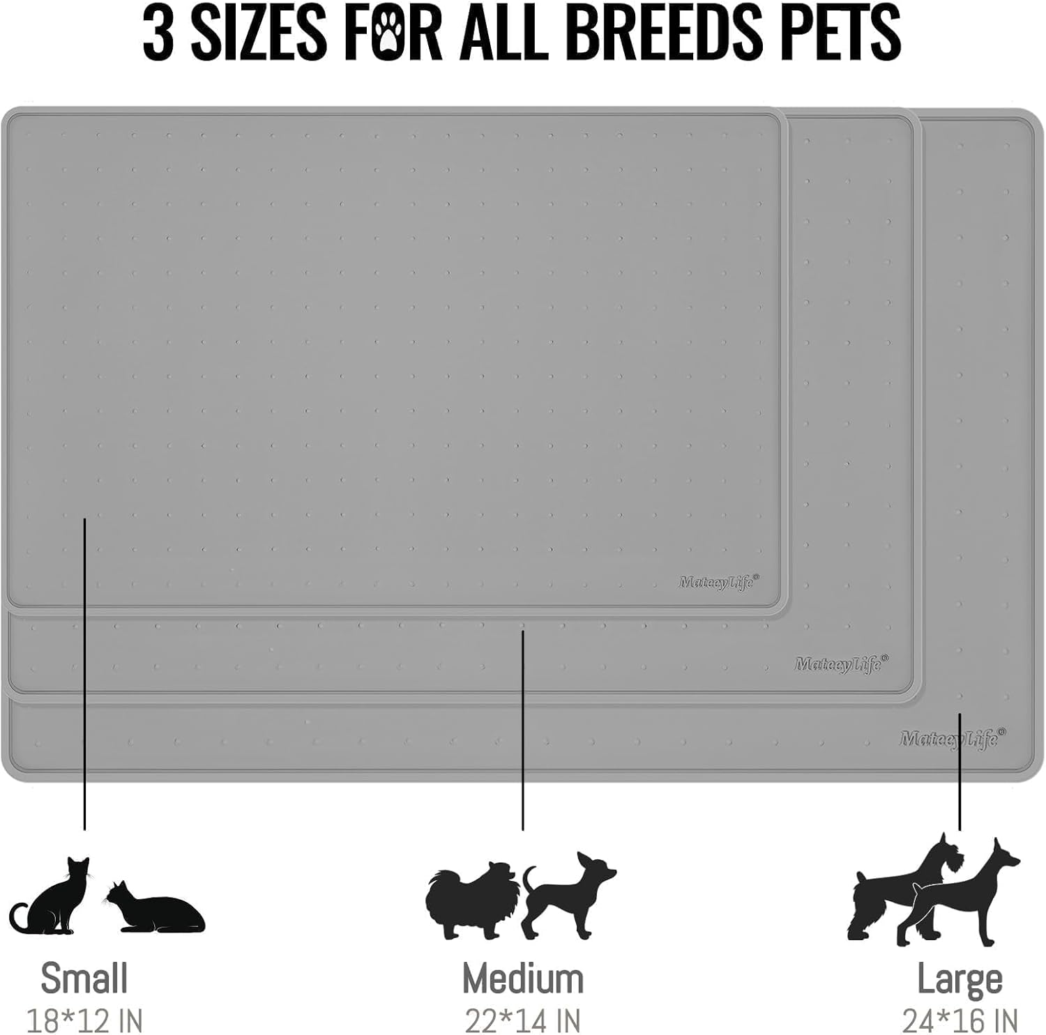 MateeyLife Dog & Cat Food Water Mat for Floors Waterproof, Nonslip Pets Bowl Feeding Mats with Raised Edges, Silicone Matt Tray for Messy Drinkers, 24"x16", Grey