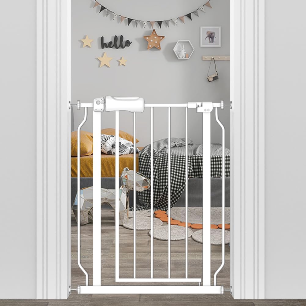 Narrow Baby Gate 24 to 29 Inch Wide Pet Gate Pressure Mounted No Drill Safety Gate Walk Through Metal Child Gate for Kids Stairs or Pets Indoor White