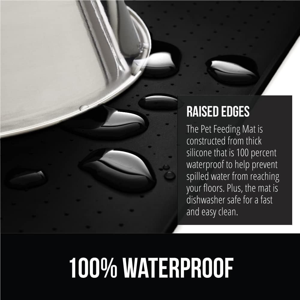GORILLA GRIP 100% Waterproof Raised Edge BPA Free Silicone Pet Feeding Mat, Dog Cat Food Mats Contain Spills Protects Floors, Placemats for Cats and Dogs Water Bowl, Pets Accessories 18.5x11.5 Black