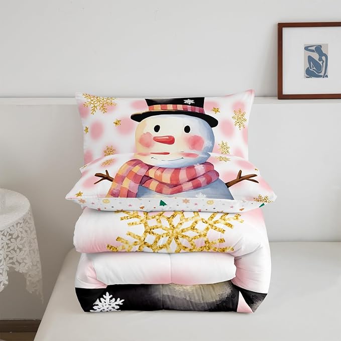 Feelyou Kids Merry Christmas Decorations Twin Size Comforter Set Xmas Snowman Bedding Set Pink Quilt Set Soft Warm Lightweight Duvet Set