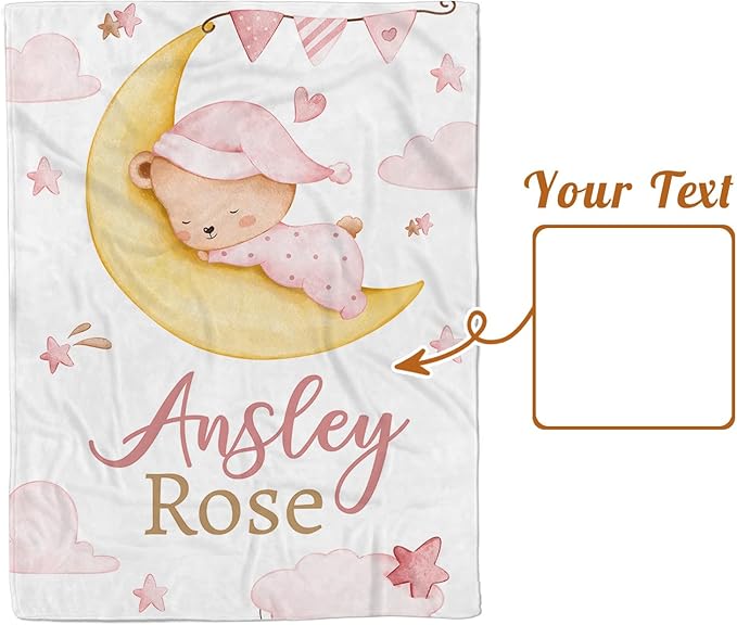 Personalized Baby Blanket for Girls, Custom Name Blanket for Newborn Toddler, Soft Flannel with Double Layer Dotted Backing, Gifts for Baby Shower Christmas Birthday, Pink Moon Bear(60" x80)