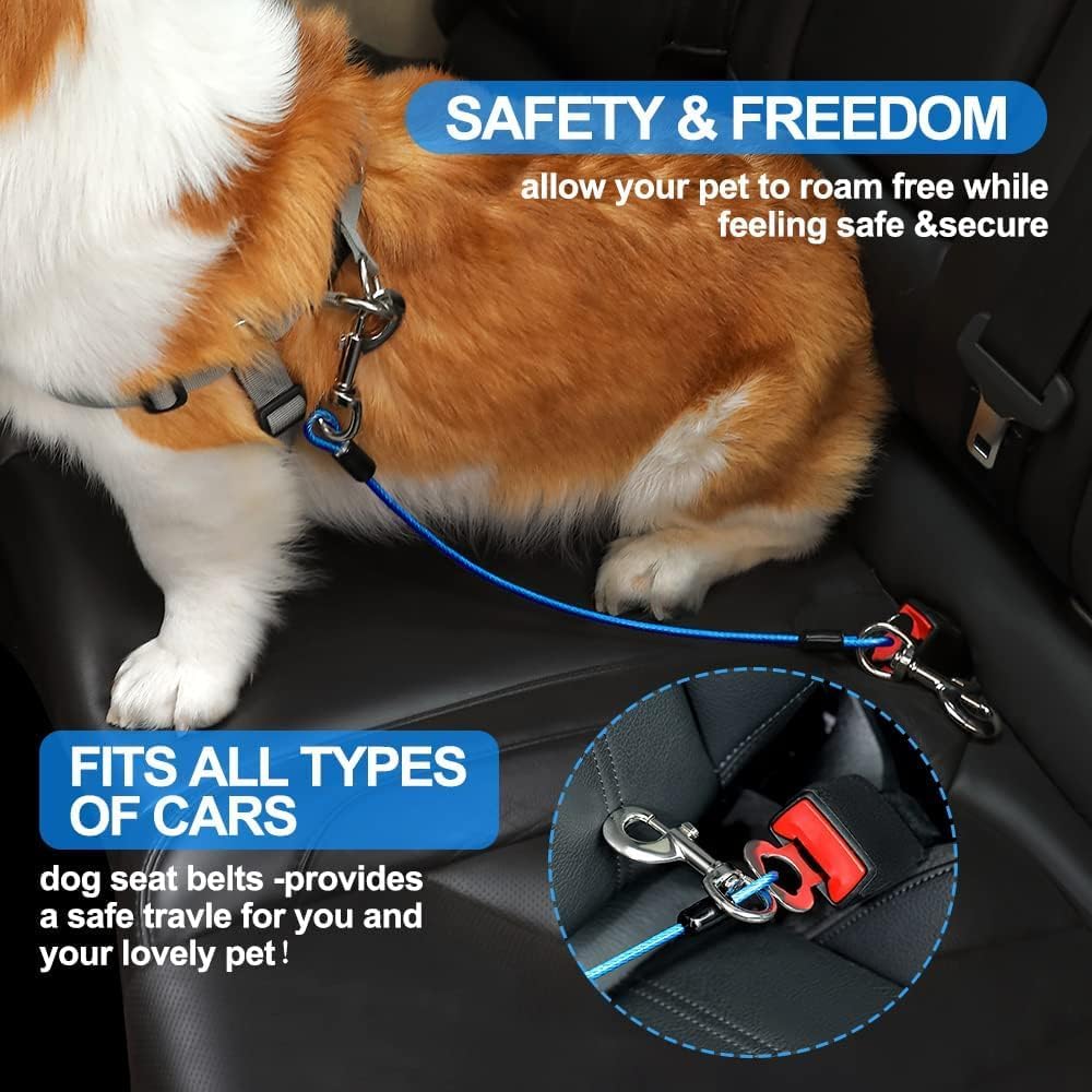 Dog Seat Belt Harness for Car,Dog Seatbelt of Coated Wire Leash Safety Restraint,No Chew Tether Cable Vehicle,Double Clips & Latch(Blue, 16 inch/40 CM)