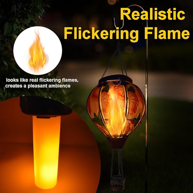 Hot Air Balloon Solar Lantern with Flickering Flame, Glass Hanging Garden Lights Outdoor Waterproof for Tree Yard Patio Mother's Day Gift, 18" H Hummingbird-Red