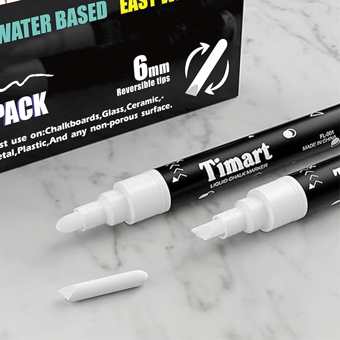 Timart 8 Pack White Chalk Markers, 6mm Liquid Chalk Markers for Chalkboards Signs, Blackboards, Windows, Glass- Reversible Tip, 24 Chalkboard Labels Included