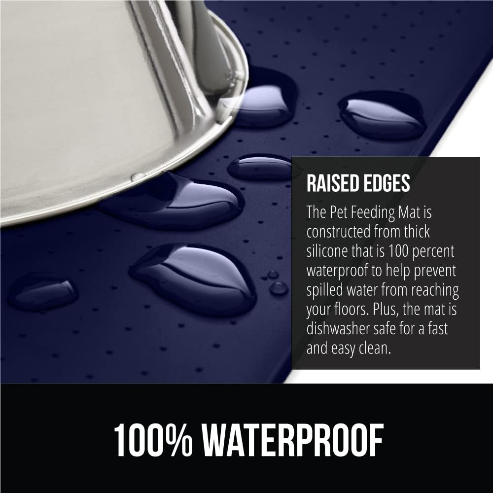 GORILLA GRIP 100% Waterproof Raised Edge BPA Free Silicone Pet Feeding Mat, Dog Cat Food Mats Contain Spills Protects Floors, Placemats for Cats and Dogs Water Bowl, Pets Accessories 28x18 Navy
