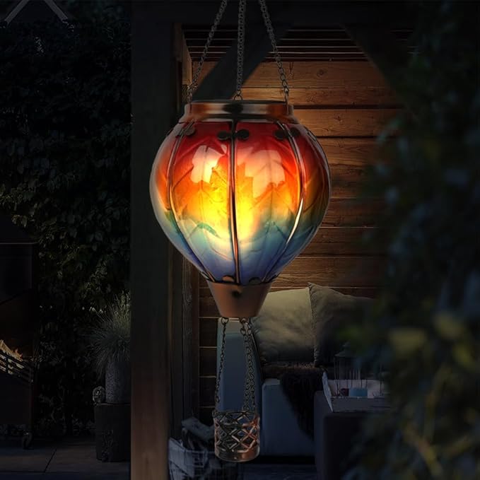 Hot Air Balloon Solar Lantern with Flickering Flame, Glass Hanging Garden Lights Outdoor Waterproof for Tree Yard Patio Mother's Day Gift, 18" H