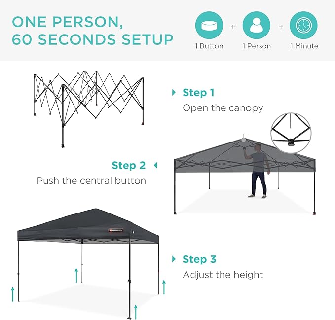 Best Choice Products 10x10ft 1-Person Setup Pop Up Canopy Tent Instant Portable Shelter w/ 1-Button Push, Case, 4 Weight Bags - Gray