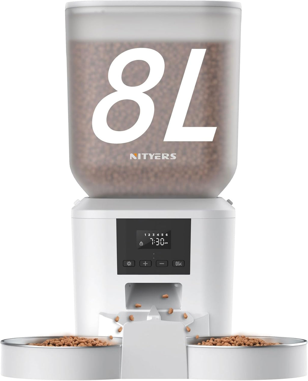 Automatic Cat Feeder for 2 Cats - 8L/34 Cups Large Capacity Auto Food Dispenser with LCD Screen, 2 Food Trays, Timed Cat Feeder, Up to 50 Portions 6 Meals Per Day, Keep Fresh, White