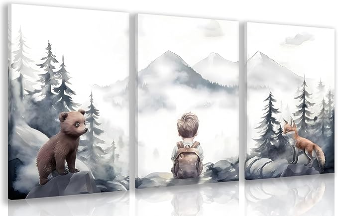 kilamino Neutral Woodland Wild Animal Wall Art, Cute Bear Fox Nursery Wall Decor, Adventure Boy Poster Prints, Vintage Forest Animal Canvas Paintings for Baby Room Classroom Playroom Framed 12"x16"x3
