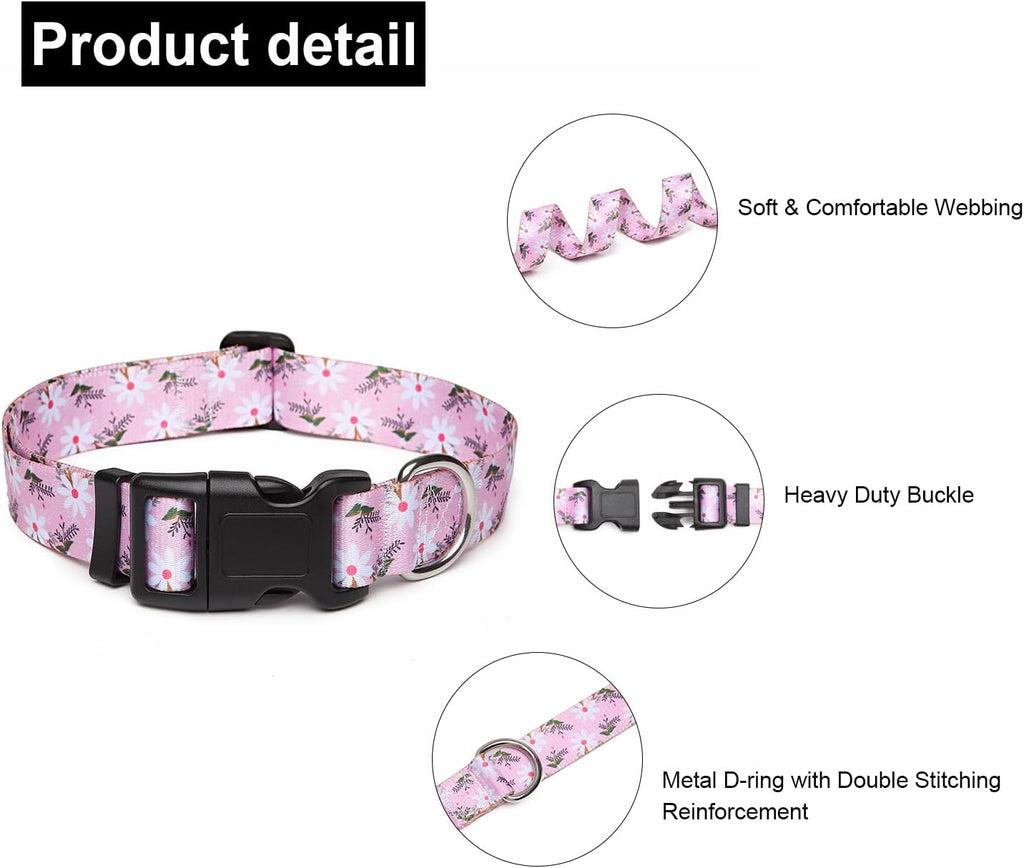 Mercano Adjustable Dog Collar - Special Design Patterns, Soft Nylon Comfortable Durable Pet Collar for Small Medium Large Dogs (M, Pink White Flower)
