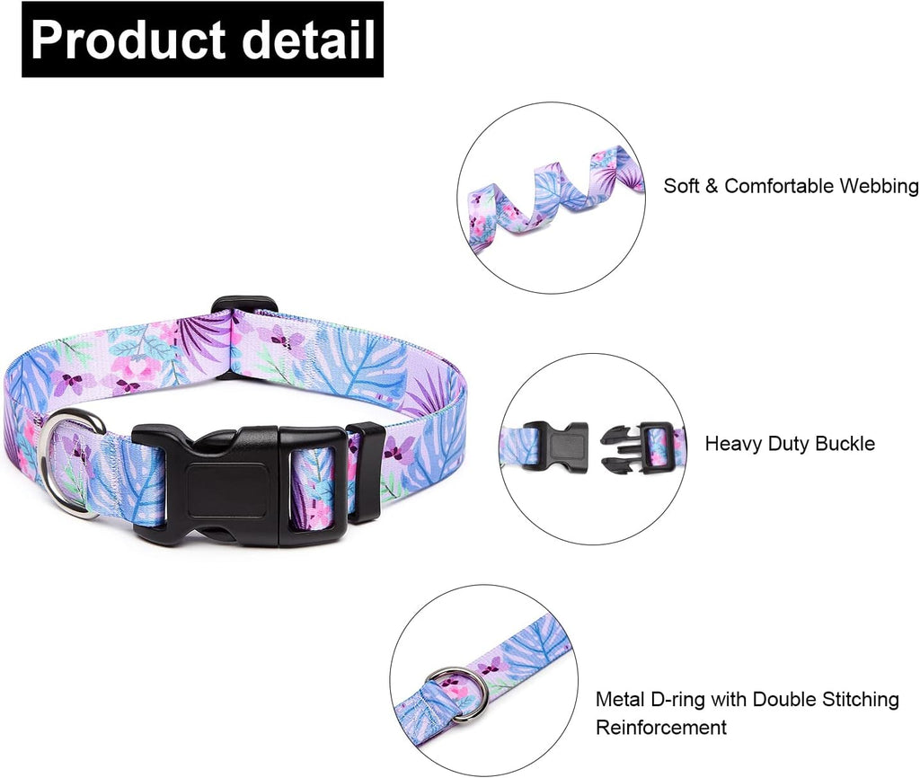 Mercano Adjustable Dog Collar - Special Design Patterns, Soft Nylon Comfortable Durable Pet Collar for Small Medium Large Dogs (L, Floral Purple)