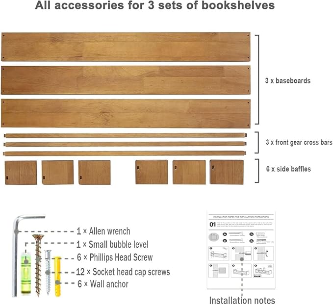 AZSKY Light Walnut Nursery Book Shelves, 36 Inch Floating Wall Mounted Bookshelf, Kids Room Hanging Shelves, Children Toddlers Toys Books Storage Organizer a Set of 3