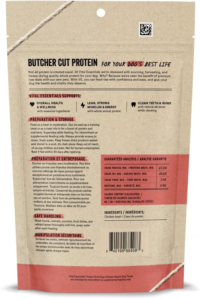 Vital Essentials Chicken Hearts Dog Treats, 3.75 oz | Freeze-Dried Raw | Single Ingredient | Premium Quality High Protein Training Treats | Grain Free, Gluten Free, Filler Free