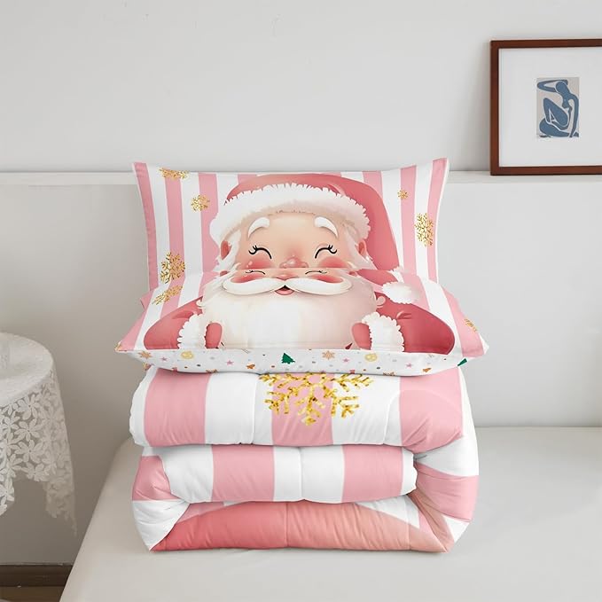 Feelyou Merry Christmas Decorations Full Size Comforter Set Santa Claus Bedding Set Pink Quilt Set Soft Warm Lightweight Duvet Set
