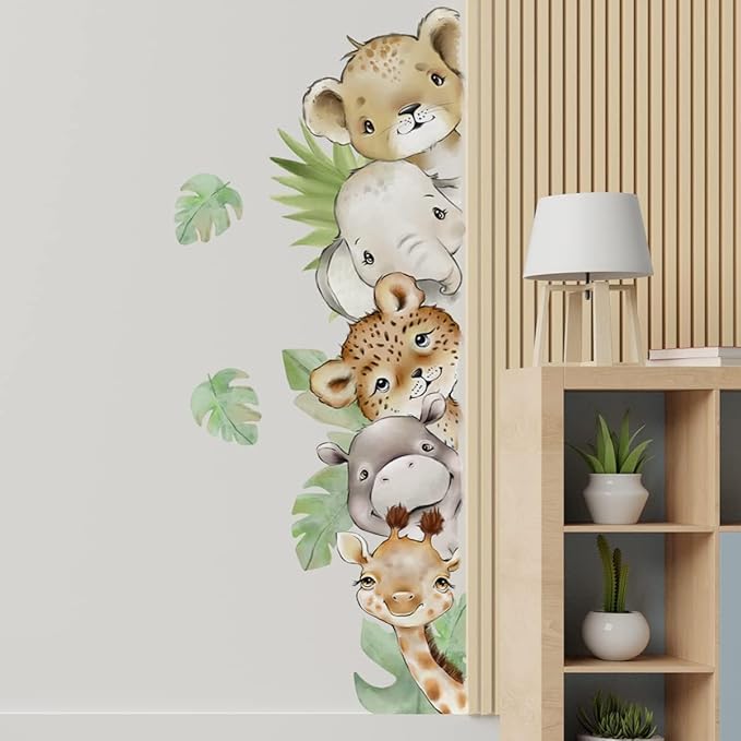 55.1 x 15.7 Inch Watercolor Jungle Animal Wall Decals Forest Animal Wall Sticker Elephant Tiger Giraffe Decals for Baby Nursery Playroom Bedroom Classroom Kindergarten Wall Decor