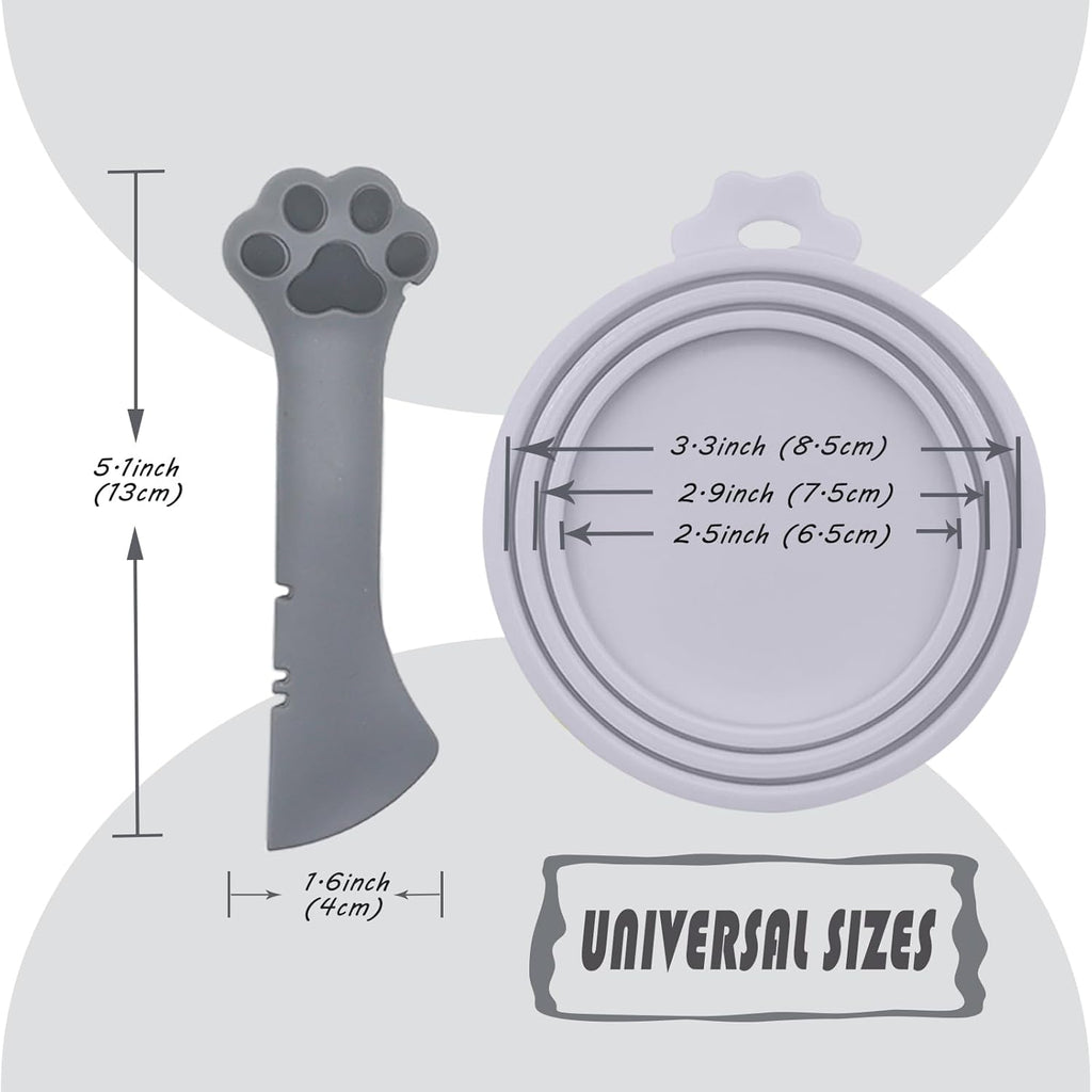 Pet Food Can Spoon & 3 Pcs Can Covers | Cute Paw Shape Opener Spatula Cat Wet Food Spoon | Universal BPA Free Silicone Can Lids & Spoon for Dog Cat Cans(Grey)