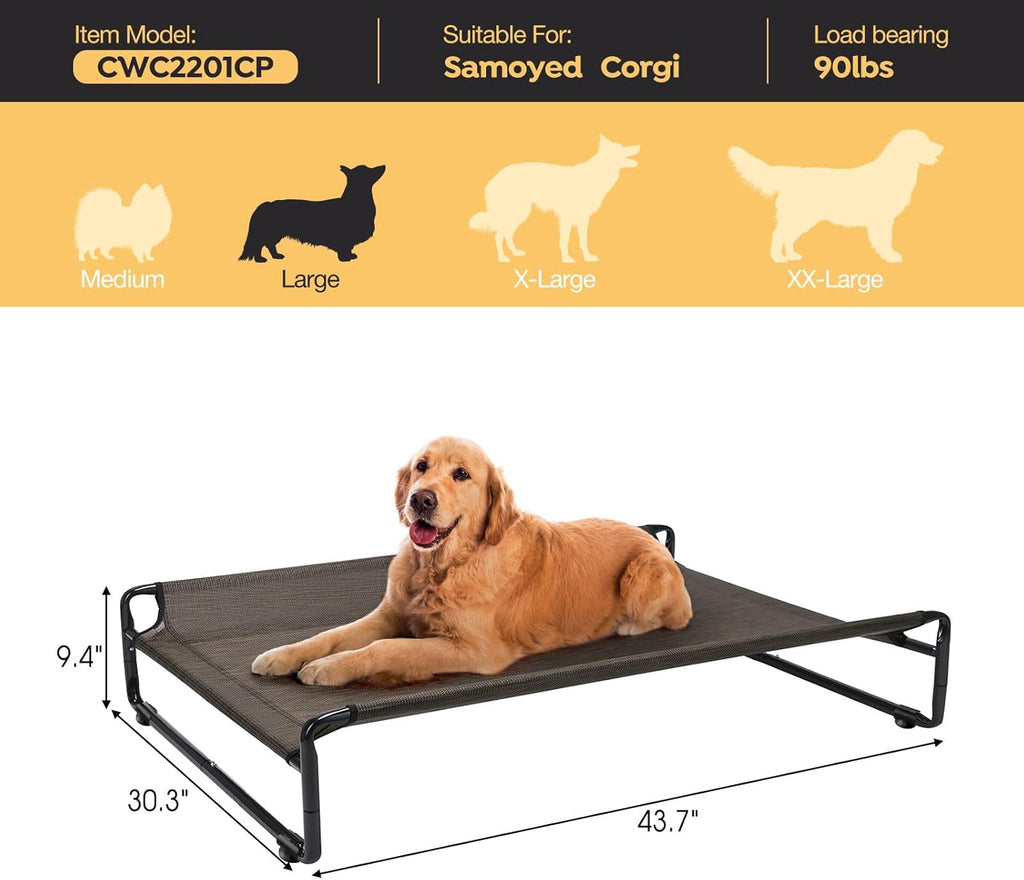 Veehoo Original Outdoor Elevated Dog Bed, Cooling Raised Dog Cot for Large Dogs, Portable Standing Pet Hammock Platform with Washable Breathable Mesh, No-Slip Feet, Large, Brown, CWC2201