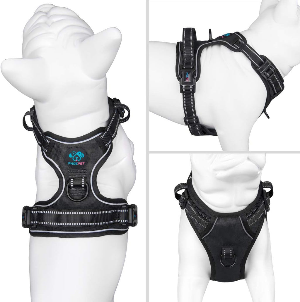 PHOEPET No Pull Dog Harnesses for Small Puppies Reflective Adjustable Front Clip Vest with 2 Metal Leash Attachment Hooks Soft Handle (S, Black)