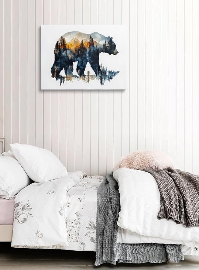 Bear Silhouette with Mountain Landscape Canvas Wall Art - Framed Nature Inspired Painting, Wildlife Forest Scene Wall Decor Artwork for Living Room, Cabin, Bedroom, Office (12x16 Inches)