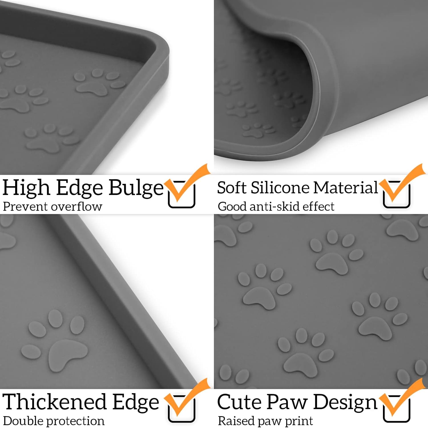 Ptlom Pet Placemat for Dog and Cat, Mat for Prevent Food and Water Overflow, Suitable for Small, Medium and Big Pet,24.5" 16.5", Grey
